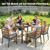 Outsunny Set Masă și Scaune de Grădină 7 Piese, Set pentru Prânz în Aer Liber cu Masă Dreptunghiulară din Sticlă Securizată, 6 Scaune, Perne, Cadru din Oțel Zincat pentru Terasă Balcon, Negru | Aosom Romania