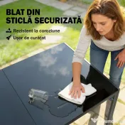 Outsunny Set Masă și Scaune de Grădină 7 Piese, Set pentru Prânz în Aer Liber cu Masă Dreptunghiulară din Sticlă Securizată, 6 Scaune, Perne, Cadru din Oțel Zincat pentru Terasă Balcon, Negru | Aosom Romania