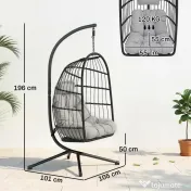 Outsunny Scaun Suspendat Tip Ou, Leagăn pentru Exterior cu Suport și Centură de Siguranță, Negru/Gri Deschis | Aosom Romania