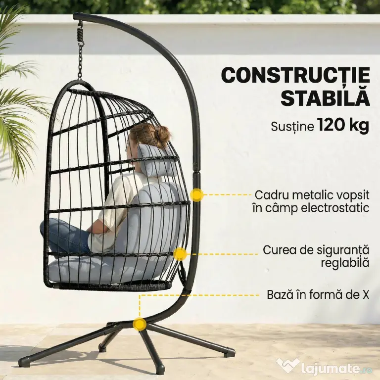 Outsunny Scaun Suspendat Tip Ou, Leagăn pentru Exterior cu Suport și Centură de Siguranță, Negru/Gri Deschis | Aosom Romania