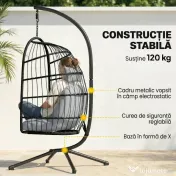Outsunny Scaun Suspendat Tip Ou, Leagăn pentru Exterior cu Suport și Centură de Siguranță, Negru/Gri Deschis | Aosom Romania