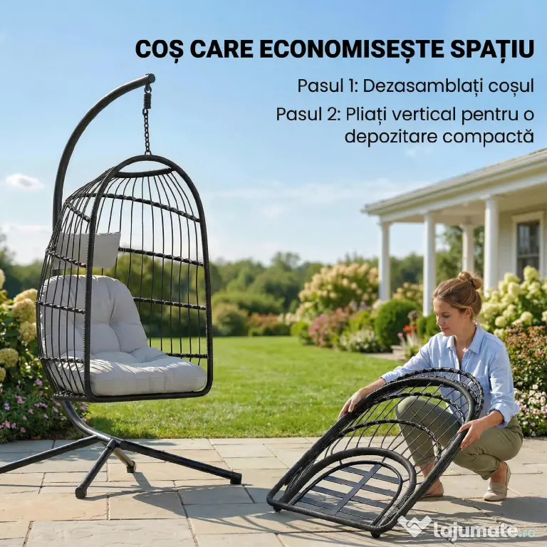Outsunny Scaun Suspendat Tip Ou, Leagăn pentru Exterior cu Suport și Centură de Siguranță, Negru/Gri Deschis | Aosom Romania