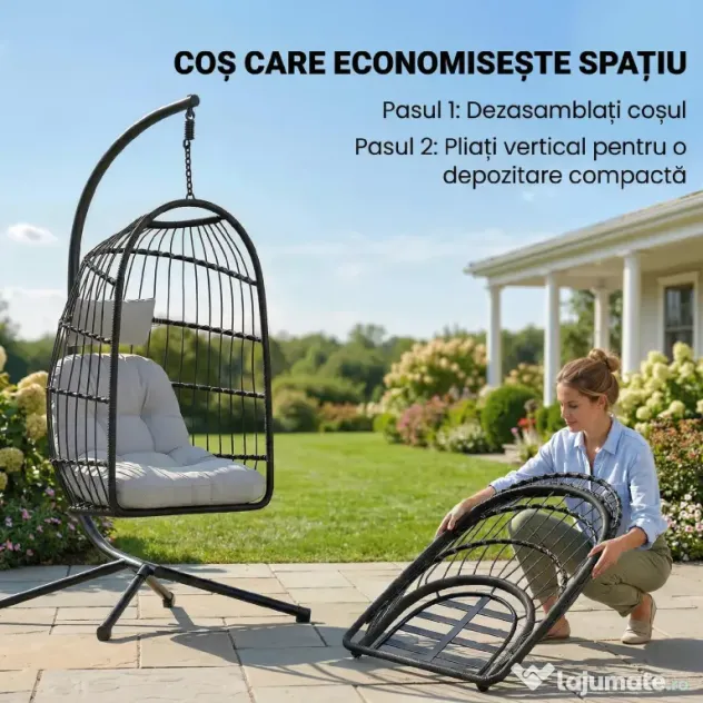 Outsunny Scaun Suspendat Tip Ou, Leagăn pentru Exterior cu Suport și Centură de Siguranță, Negru/Gri Deschis | Aosom Romania
