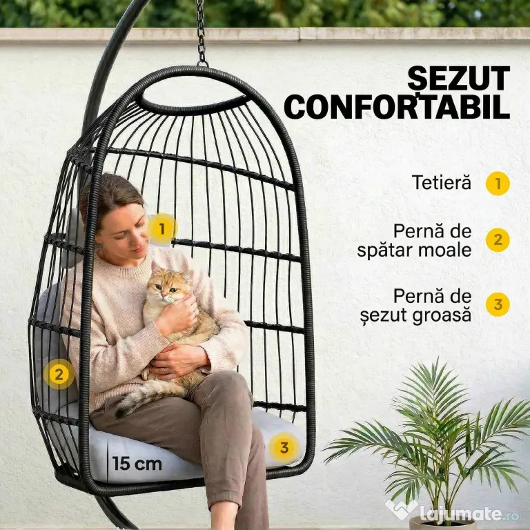 Outsunny Scaun Suspendat Tip Ou, Leagăn pentru Exterior cu Suport și Centură de Siguranță, Negru/Gri Deschis | Aosom Romania