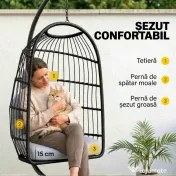 Outsunny Scaun Suspendat Tip Ou, Leagăn pentru Exterior cu Suport și Centură de Siguranță, Negru/Gri Deschis | Aosom Romania