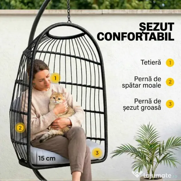 Outsunny Scaun Suspendat Tip Ou, Leagăn pentru Exterior cu Suport și Centură de Siguranță, Negru/Gri Deschis | Aosom Romania