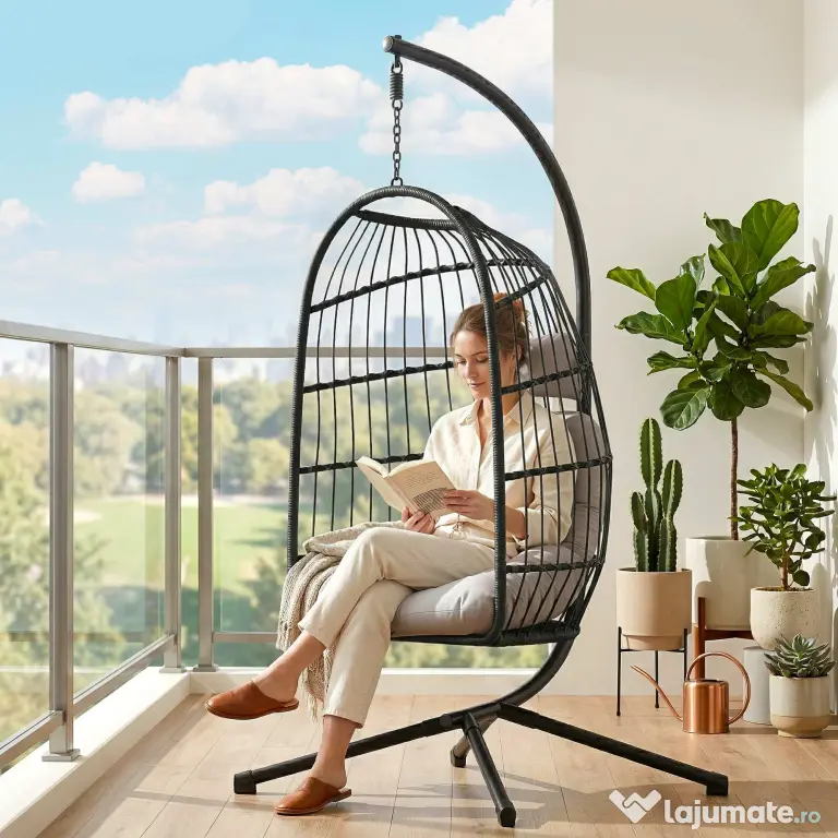 Outsunny Scaun Suspendat Tip Ou, Leagăn pentru Exterior cu Suport și Centură de Siguranță, Negru/Gri Deschis | Aosom Romania