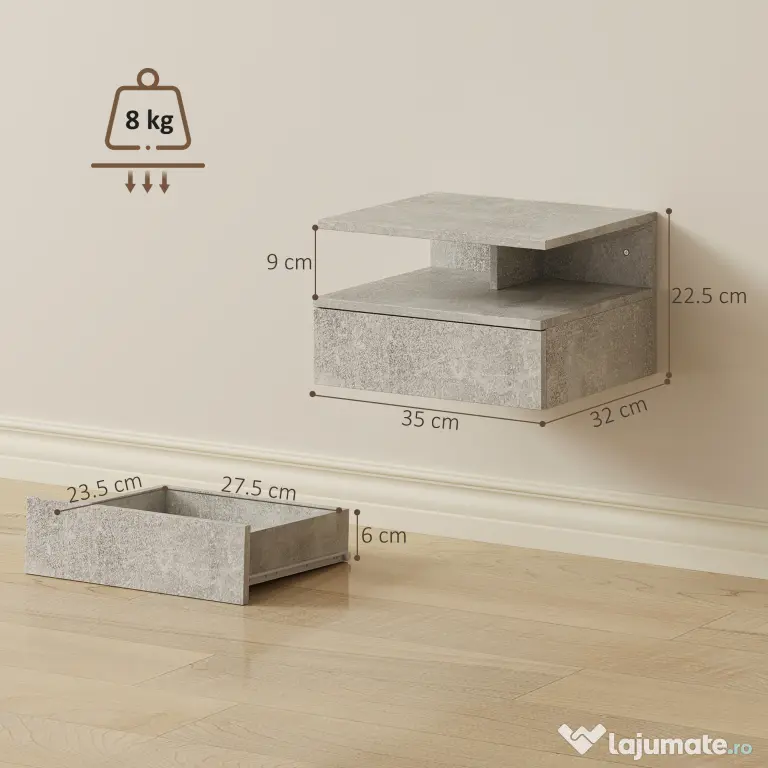 HOMCOM Set de 2 Noptiere Suspendate cu Sertar și Raft Deschis, 35x32x22.5 cm, Gri Ciment | Aosom Romania