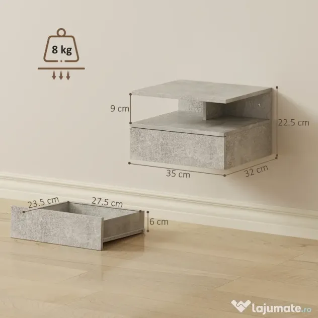 HOMCOM Set de 2 Noptiere Suspendate cu Sertar și Raft Deschis, 35x32x22.5 cm, Gri Ciment | Aosom Romania