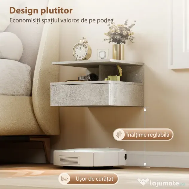 HOMCOM Set de 2 Noptiere Suspendate cu Sertar și Raft Deschis, 35x32x22.5 cm, Gri Ciment | Aosom Romania