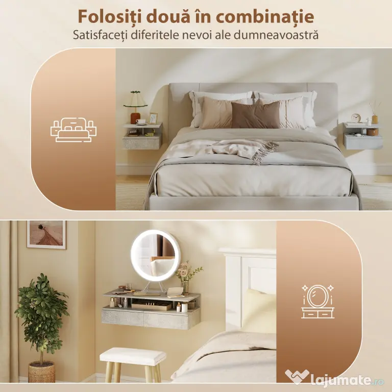 HOMCOM Set de 2 Noptiere Suspendate cu Sertar și Raft Deschis, 35x32x22.5 cm, Gri Ciment | Aosom Romania