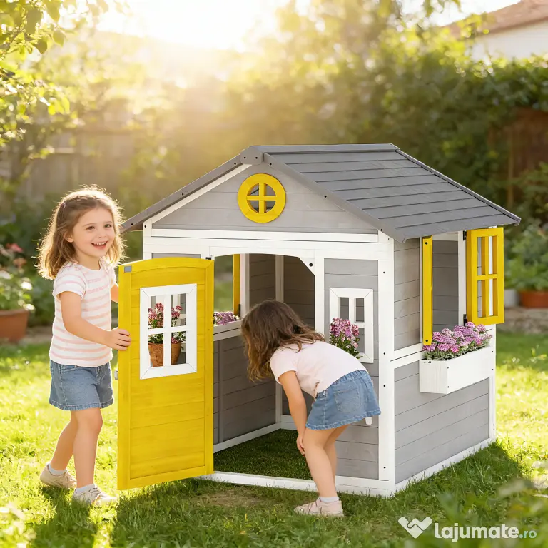 Outsunny Căsuță din Lemn pentru Copii 3-8 Ani, Căsuță de Grădină cu Ferestre, Acoperiș Înclinat, Ghivece și Jardiniere, Gri, Galben, Alb | Aosom Romania