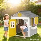 Outsunny Căsuță din Lemn pentru Copii 3-8 Ani, Căsuță de Grădină cu Ferestre, Acoperiș Înclinat, Ghivece și Jardiniere, Gri, Galben, Alb | Aosom Romania