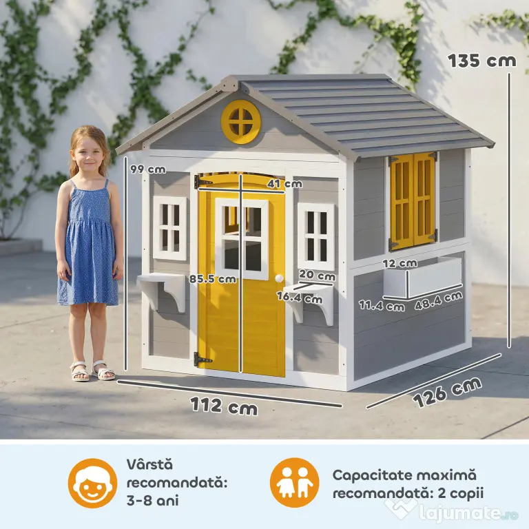 Outsunny Căsuță din Lemn pentru Copii 3-8 Ani, Căsuță de Grădină cu Ferestre, Acoperiș Înclinat, Ghivece și Jardiniere, Gri, Galben, Alb | Aosom Romania