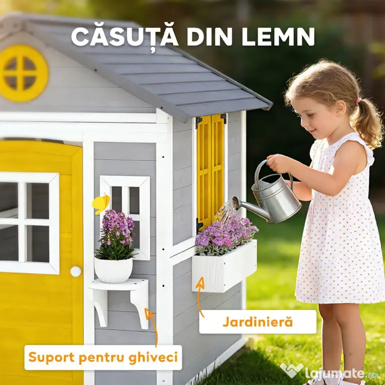 Outsunny Căsuță din Lemn pentru Copii 3-8 Ani, Căsuță de Grădină cu Ferestre, Acoperiș Înclinat, Ghivece și Jardiniere, Gri, Galben, Alb | Aosom Romania
