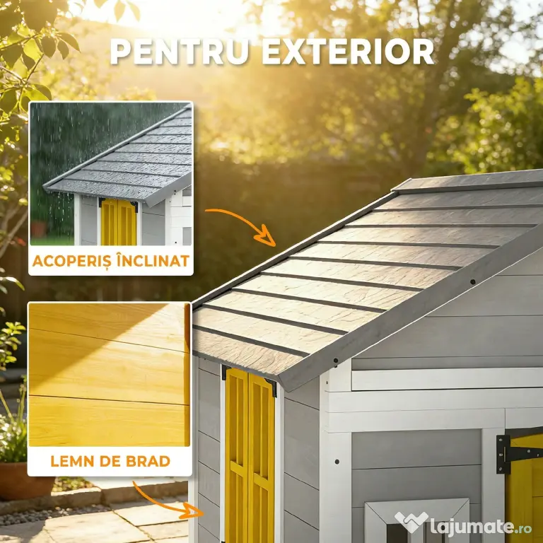 Outsunny Căsuță din Lemn pentru Copii 3-8 Ani, Căsuță de Grădină cu Ferestre, Acoperiș Înclinat, Ghivece și Jardiniere, Gri, Galben, Alb | Aosom Romania
