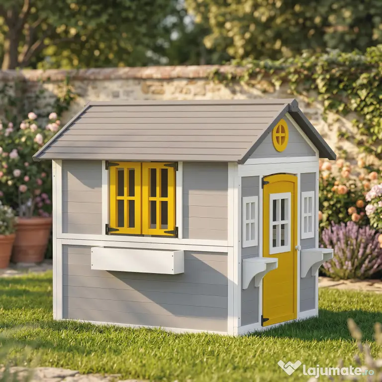 Outsunny Căsuță din Lemn pentru Copii 3-8 Ani, Căsuță de Grădină cu Ferestre, Acoperiș Înclinat, Ghivece și Jardiniere, Gri, Galben, Alb | Aosom Romania