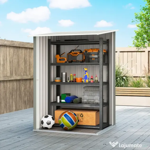 Outsunny Căsuță de Grădină 0.92m² din Oțel Galvanizat, Depozit pentru Unelte cu Ușă Batantă și Sistem de Blocare, Acoperiș Înclinat, 100x104x160 cm, Gri Deschis | Aosom Romania