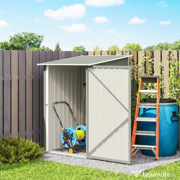 Outsunny Căsuță de Grădină 0.92m² din Oțel Galvanizat, Depozit pentru Unelte cu Ușă Batantă și Sistem de Blocare, Acoperiș Înclinat, 100x104x160 cm, Gri Deschis | Aosom Romania