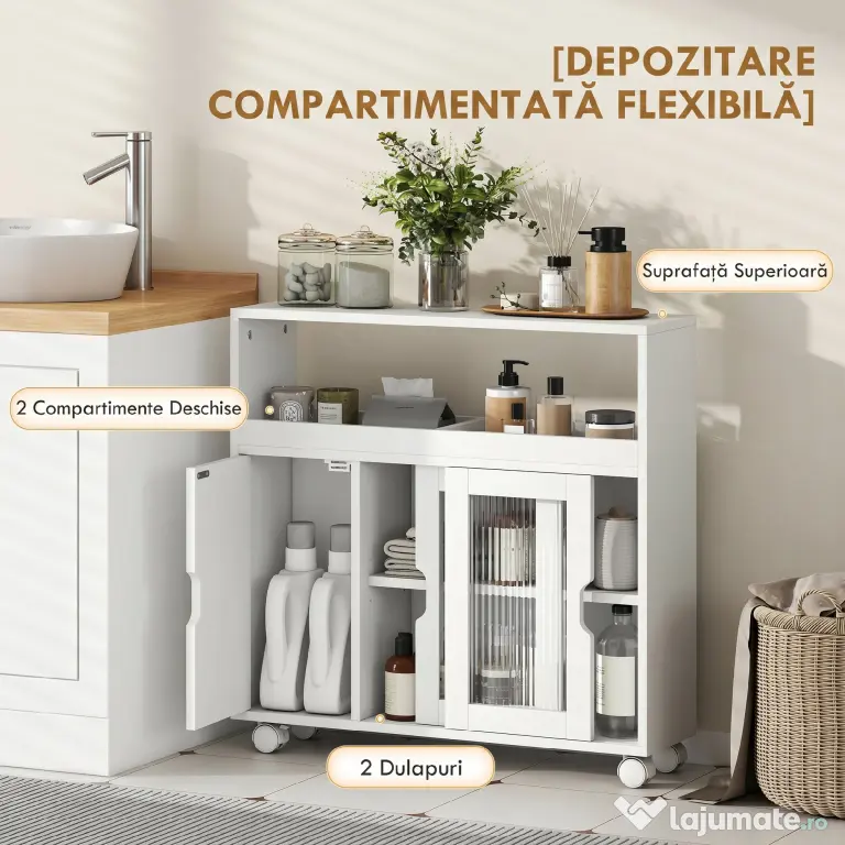 HOMCOM Dulap de Baie cu Roți, Raft Reglabil, Ușă Glisantă din Sticlă Călită, Alb | Aosom Romania