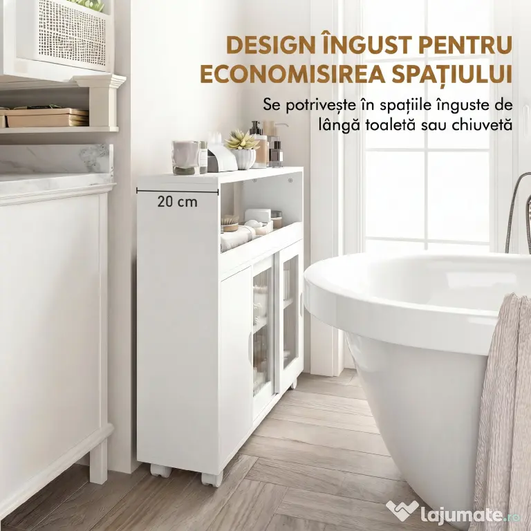 HOMCOM Dulap de Baie cu Roți, Raft Reglabil, Ușă Glisantă din Sticlă Călită, Alb | Aosom Romania