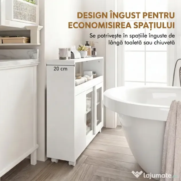 HOMCOM Dulap de Baie cu Roți, Raft Reglabil, Ușă Glisantă din Sticlă Călită, Alb | Aosom Romania