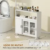 HOMCOM Dulap de Baie cu Roți, Raft Reglabil, Ușă Glisantă din Sticlă Călită, Alb | Aosom Romania 