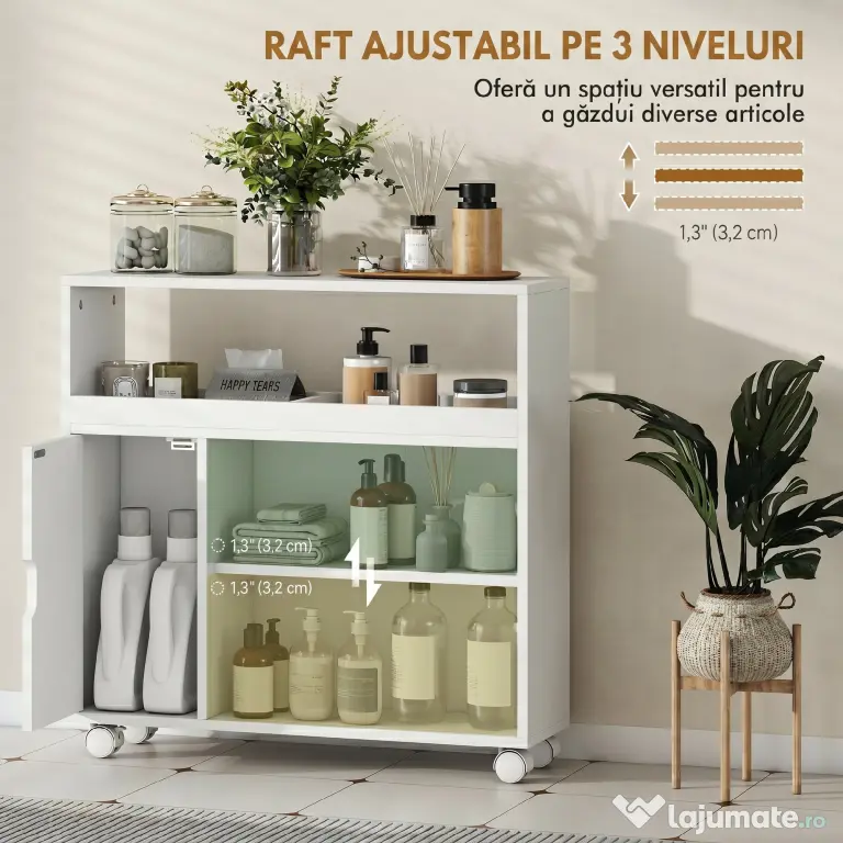 HOMCOM Dulap de Baie cu Roți, Raft Reglabil, Ușă Glisantă din Sticlă Călită, Alb | Aosom Romania