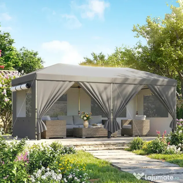 Outsunny Foișor Pliabil 3x6m Pop-Up cu 6 Pereți Laterali, Foișor de Grădină Reglabil pe Înălțime cu Saci de Nisip, Geantă cu Roți, UV50+ pentru Exterior, Gri Închis | Aosom Romania