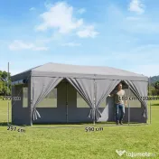 Outsunny Foișor Pliabil 3x6m Pop-Up cu 6 Pereți Laterali, Foișor de Grădină Reglabil pe Înălțime cu Saci de Nisip, Geantă cu Roți, UV50+ pentru Exterior, Gri Închis | Aosom Romania 