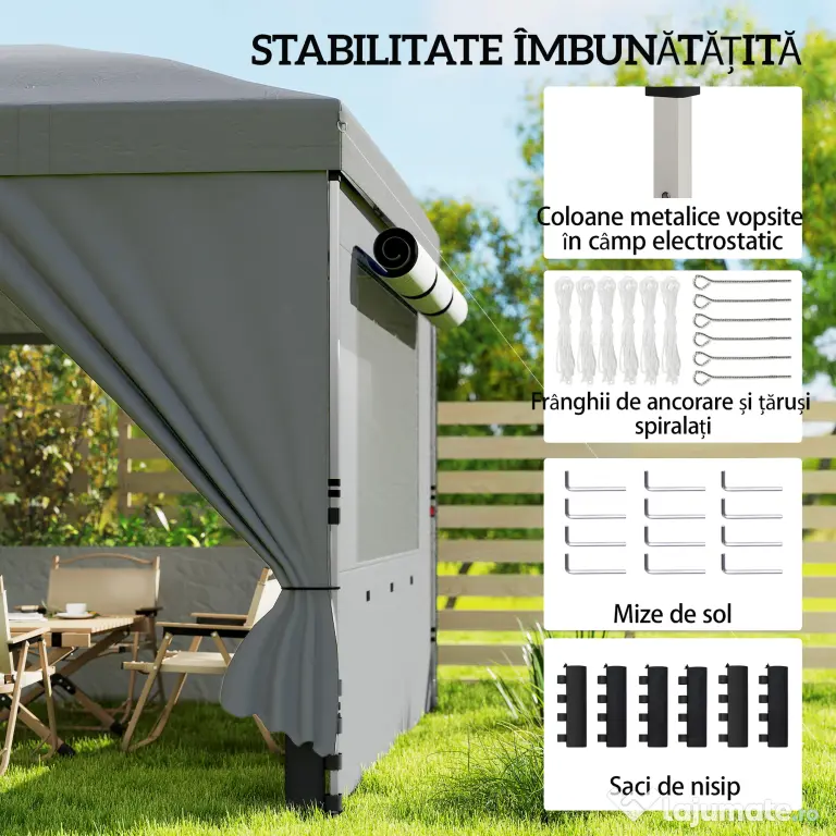 Outsunny Foișor Pliabil 3x6m Pop-Up cu 6 Pereți Laterali, Foișor de Grădină Reglabil pe Înălțime cu Saci de Nisip, Geantă cu Roți, UV50+ pentru Exterior, Gri Închis | Aosom Romania