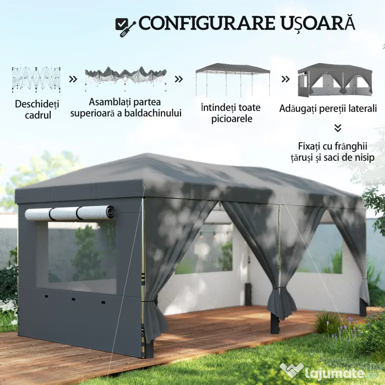 Outsunny Foișor Pliabil 3x6m Pop-Up cu 6 Pereți Laterali, Foișor de Grădină Reglabil pe Înălțime cu Saci de Nisip, Geantă cu Roți, UV50+ pentru Exterior, Gri Închis | Aosom Romania