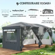 Outsunny Foișor Pliabil 3x6m Pop-Up cu 6 Pereți Laterali, Foișor de Grădină Reglabil pe Înălțime cu Saci de Nisip, Geantă cu Roți, UV50+ pentru Exterior, Gri Închis | Aosom Romania 