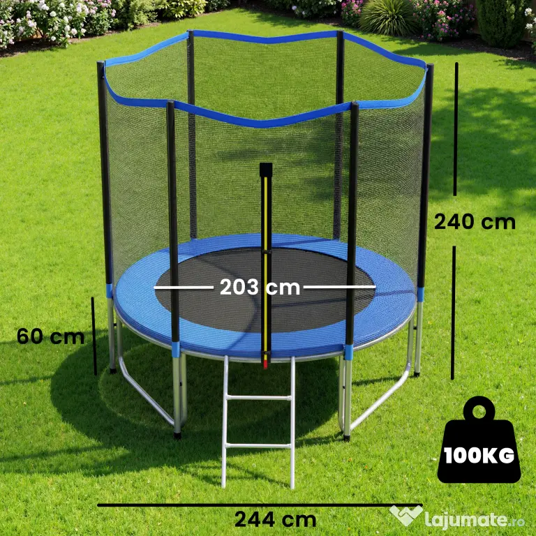 SPORTNOW Trambulină Elastică pentru Adulți Ø244cm, Covor Elastic pentru Adulți cu Plasă de Protecție, Scară cu 2 Trepte, Protecție pentru Arcuri, Structură din Oțel, Capacitate 100kg, Albastru | Aosom Romania