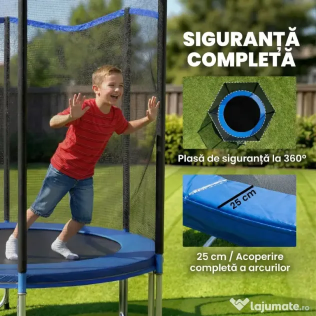 SPORTNOW Trambulină Elastică pentru Adulți Ø244cm, Covor Elastic pentru Adulți cu Plasă de Protecție, Scară cu 2 Trepte, Protecție pentru Arcuri, Structură din Oțel, Capacitate 100kg, Albastru | Aosom Romania