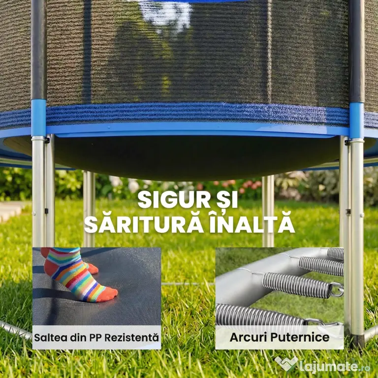 SPORTNOW Trambulină Elastică pentru Adulți Ø244cm, Covor Elastic pentru Adulți cu Plasă de Protecție, Scară cu 2 Trepte, Protecție pentru Arcuri, Structură din Oțel, Capacitate 100kg, Albastru | Aosom Romania