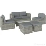 Outsunny Set Exterior 6 Piese cu Canapea, 2 Scaune, Masă cu Blat din Sticlă și 2 Suporturi pentru Picioare, Gri Închis