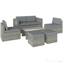 Outsunny Set Exterior 6 Piese cu Canapea, 2 Scaune, Masă cu Blat din Sticlă și 2 Suporturi pentru Picioare, Gri Închis
