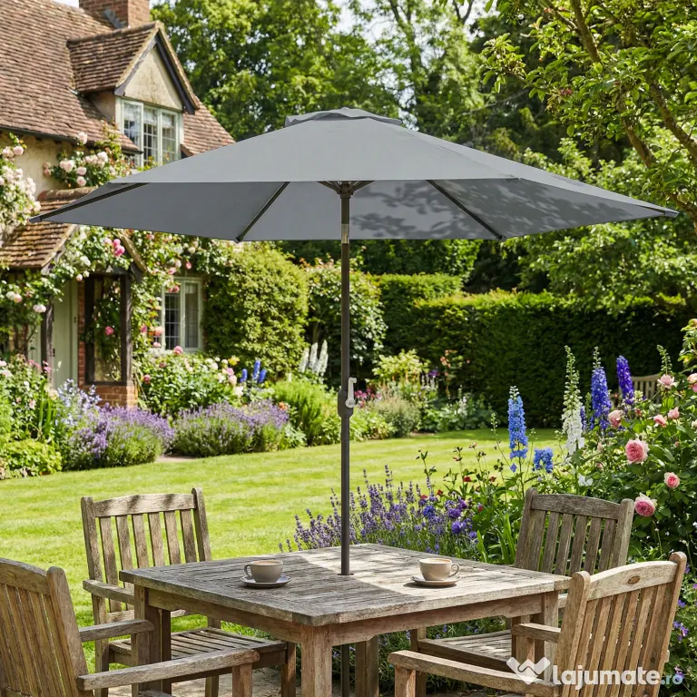 Outsunny Umbrelă de Grădină 3x3 m Înclinabilă cu Deschidere prin Manivelă, Umbrelă de Exterior cu Husă, Anti-UV 30+ din Metal și Poliester 180 g/㎡, Gri | Aosom Romania