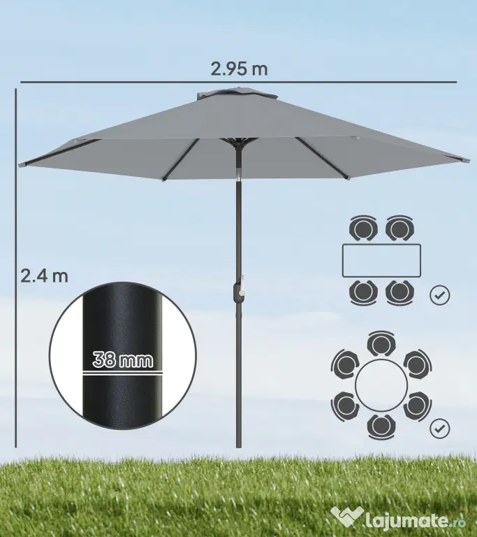 Outsunny Umbrelă de Grădină 3x3 m Înclinabilă cu Deschidere prin Manivelă, Umbrelă de Exterior cu Husă, Anti-UV 30+ din Metal și Poliester 180 g/㎡, Gri | Aosom Romania