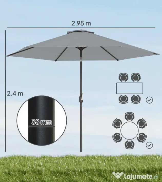 Outsunny Umbrelă de Grădină 3x3 m Înclinabilă cu Deschidere prin Manivelă, Umbrelă de Exterior cu Husă, Anti-UV 30+ din Metal și Poliester 180 g/㎡, Gri | Aosom Romania
