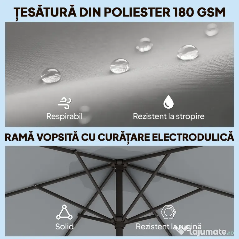Outsunny Umbrelă de Grădină 3x3 m Înclinabilă cu Deschidere prin Manivelă, Umbrelă de Exterior cu Husă, Anti-UV 30+ din Metal și Poliester 180 g/㎡, Gri | Aosom Romania