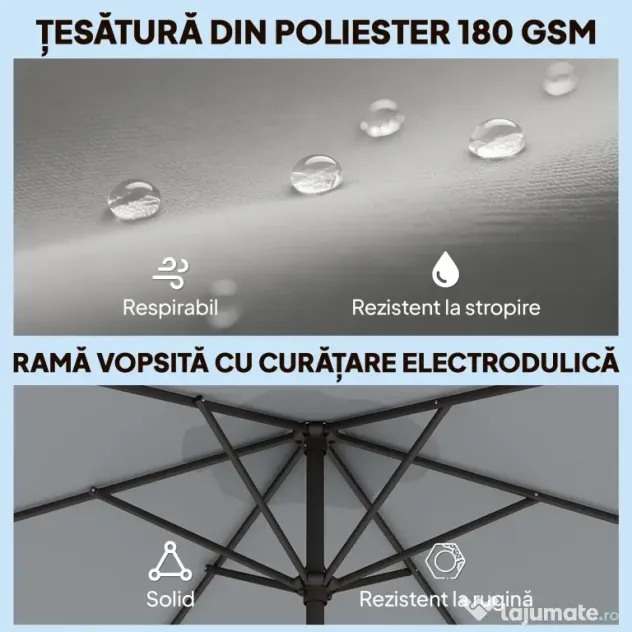 Outsunny Umbrelă de Grădină 3x3 m Înclinabilă cu Deschidere prin Manivelă, Umbrelă de Exterior cu Husă, Anti-UV 30+ din Metal și Poliester 180 g/㎡, Gri | Aosom Romania