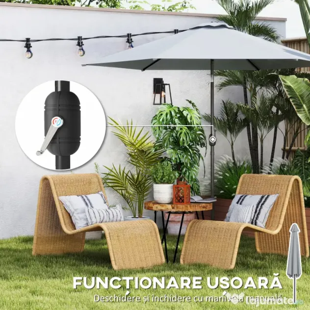 Outsunny Umbrelă de Grădină 3x3 m Înclinabilă cu Deschidere prin Manivelă, Umbrelă de Exterior cu Husă, Anti-UV 30+ din Metal și Poliester 180 g/㎡, Gri | Aosom Romania