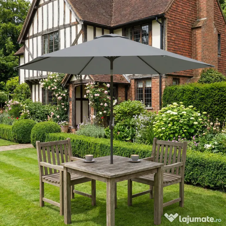 Outsunny Umbrelă de Grădină 3x3 m Înclinabilă cu Deschidere prin Manivelă, Umbrelă de Exterior cu Husă, Anti-UV 30+ din Metal și Poliester 180 g/㎡, Gri | Aosom Romania