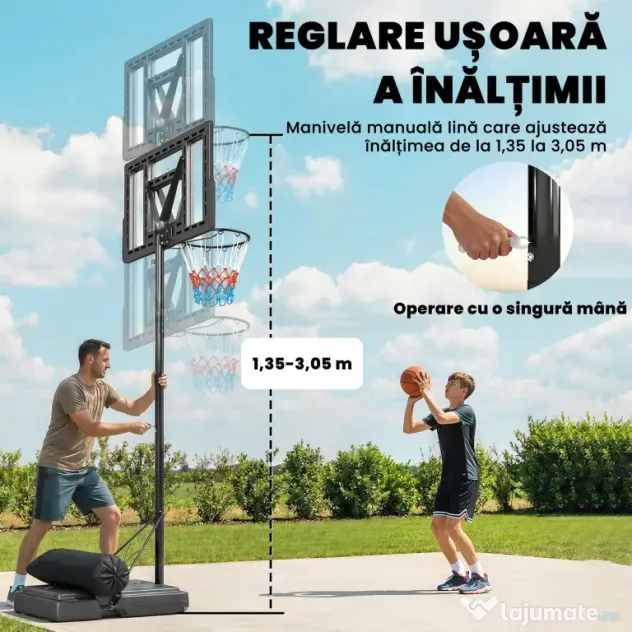 SPORTNOW Coș de Baschet Exterior Reglabil pe Înălțime 135-305 cm, Coș de Baschet cu Roți, Bază Umplibilă, Sac de Greutate, Panou Rezistent, Portabil pentru Interior și Exterior, Negru