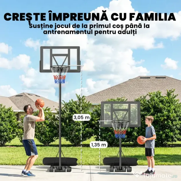 SPORTNOW Coș de Baschet Exterior Reglabil pe Înălțime 135-305 cm, Coș de Baschet cu Roți, Bază Umplibilă, Sac de Greutate, Panou Rezistent, Portabil pentru Interior și Exterior, Negru