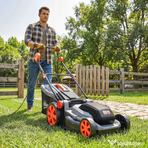 Outsunny Mașină de Tuns Iarba Electrică 1800W cu Lățime de Tăiere de 40cm, Funcție Mulching și Sac de 50L, Mâner Reglabil și Detașabil, 6 Niveluri de Tăiere, Gri Deschis | Aosom Romania