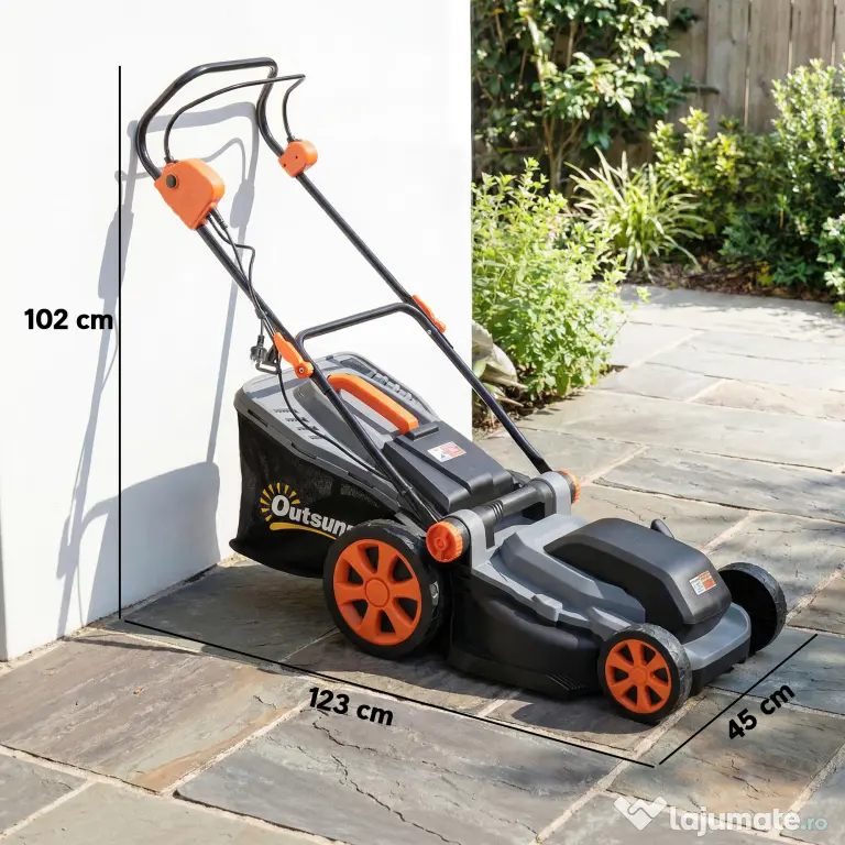 Outsunny Mașină de Tuns Iarba Electrică 1800W cu Lățime de Tăiere de 40cm, Funcție Mulching și Sac de 50L, Mâner Reglabil și Detașabil, 6 Niveluri de Tăiere, Gri Deschis | Aosom Romania