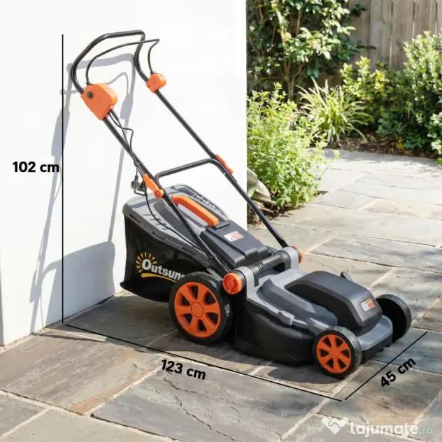 Outsunny Mașină de Tuns Iarba Electrică 1800W cu Lățime de Tăiere de 40cm, Funcție Mulching și Sac de 50L, Mâner Reglabil și Detașabil, 6 Niveluri de Tăiere, Gri Deschis | Aosom Romania